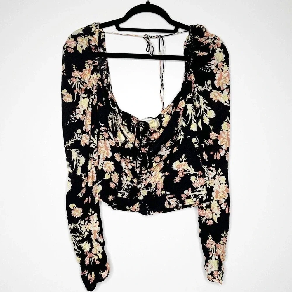 NWT Free People Hilary Printed Top Long Sleeve Black Combo Women's Size Medium